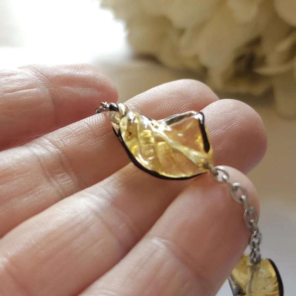 Yellow & Black Glass Spiral Leaf Beaded Bracelet Chain Bead Link Bracelet